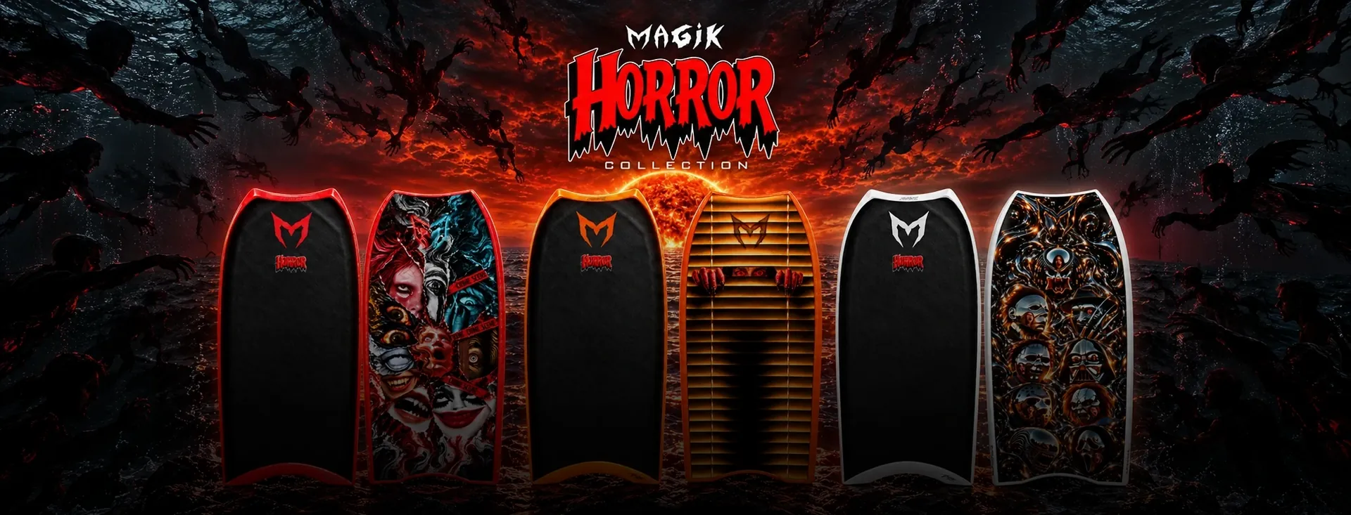 Pranchas da Magik Horror Collection sobre rochas vulcânicas, com o logotipo Horror em letras vermelhas escorridas sob um céu de tempestade