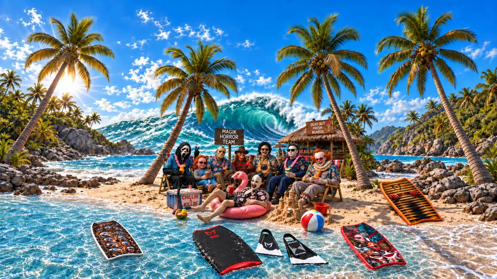 Praia tropical com coqueiros e uma onda gigante ao fundo; pranchas Magik Horror na areia diante de um grupo de personagens de terror